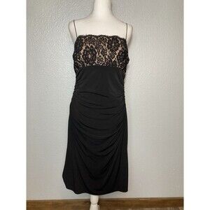 Black Cocktail Party Slip Dress Floral Lace Nude Beaded Spaghetti Strap 12P